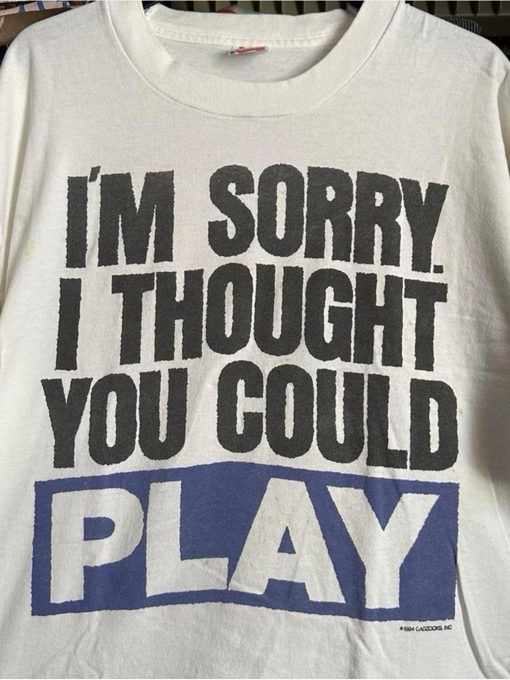 Vintage 1990s I'm Sorry I Thought You Could Play Graphic Tee - White & Blue XL